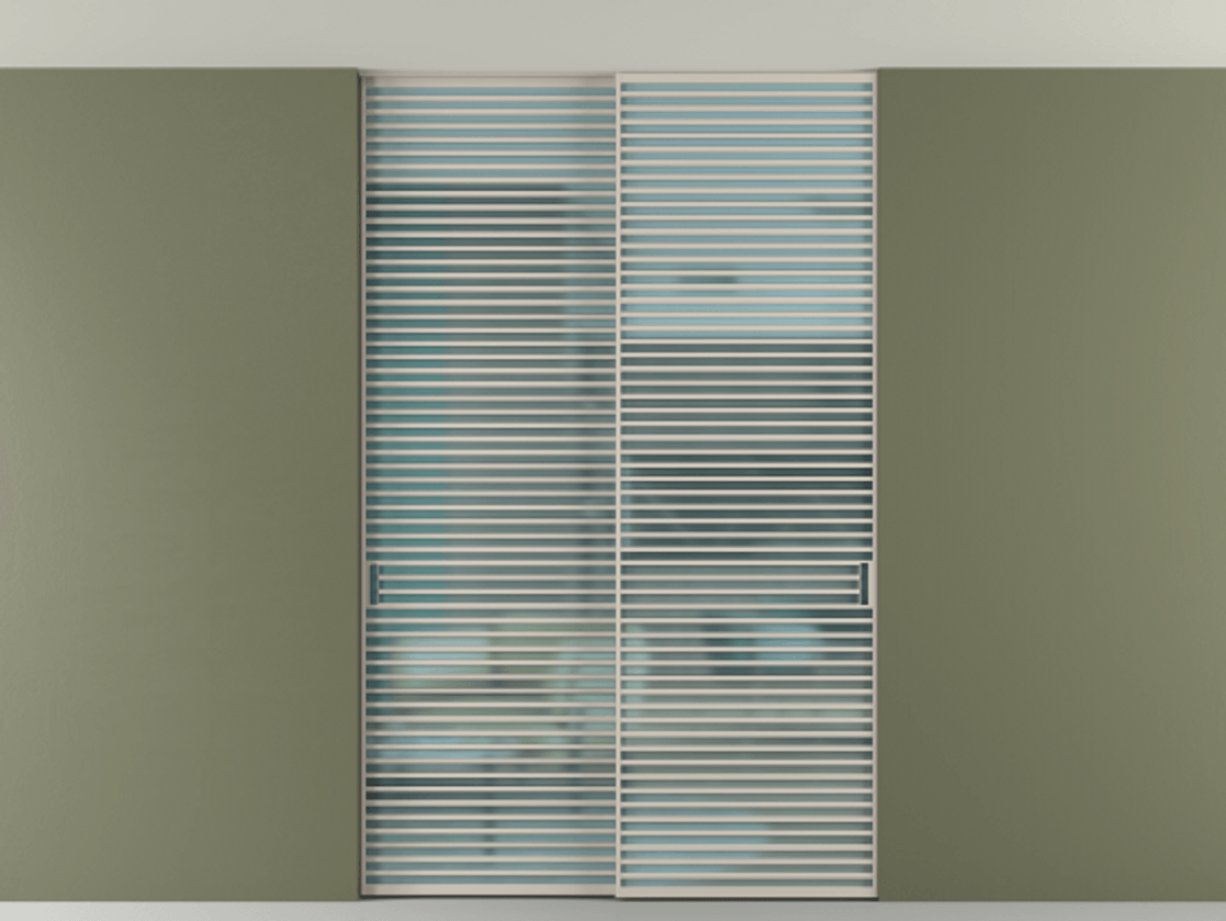 Перегородка Formato внутри проёма скрытое крепление в потолок 2 створки АЛПР 040.07 Алюминий светло-бежевый Сатинированное голубое стекло, триплекс Цена 3152000 ₸ | Volhovec