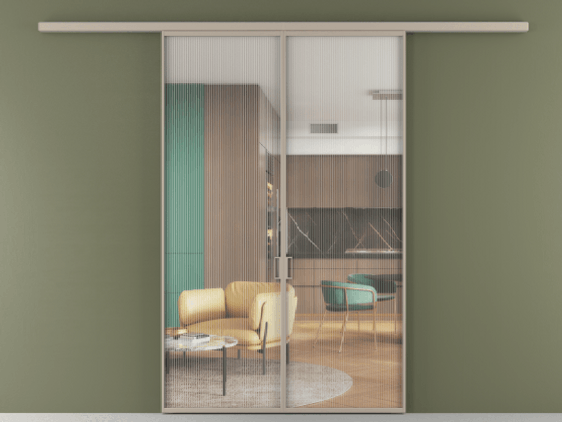 Перегородка Formato вдоль стены 2 створки АЛПР 040.01 Алюминий бисквитный Рифлёное стекло "Moru", триплекс Цена 1292430 ₸ | Volhovec