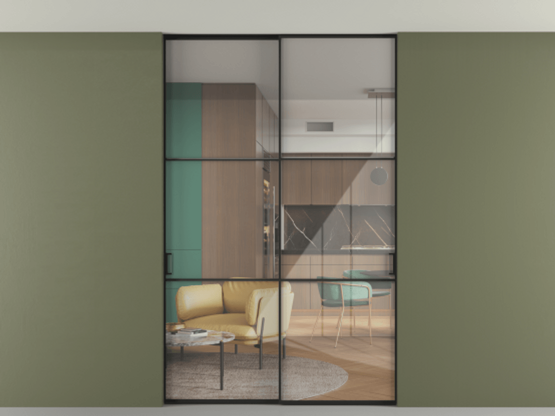 Перегородка Formato внутри проёма скрытое крепление в потолок 2 створки АЛПР 040.03 Алюминий Черный Рефлективное прозрачное стекло "Stopsol", калёное Цена 1857020 ₸ | Volhovec