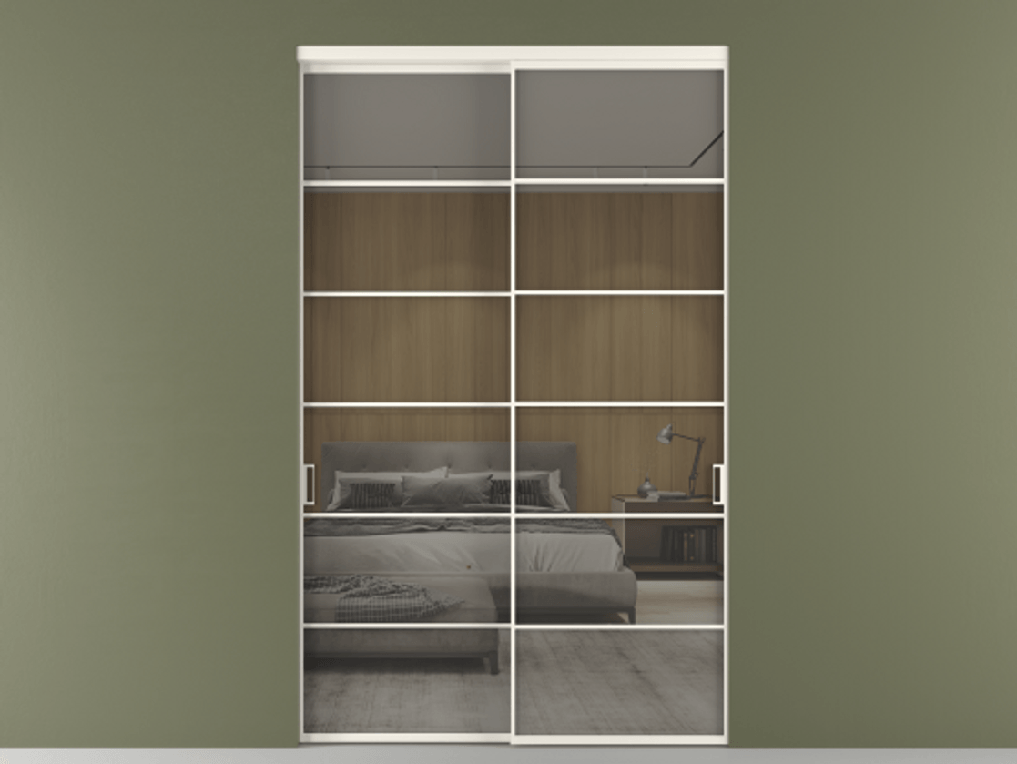 Межкомнатная дверь New Перегородка Formato внутри проёма двустворчатая АЛПР 040.04 Алюминий пудровый белый Рефлективное серое стекло "Stopsol", калёное Цена 3081940  | Volhovec