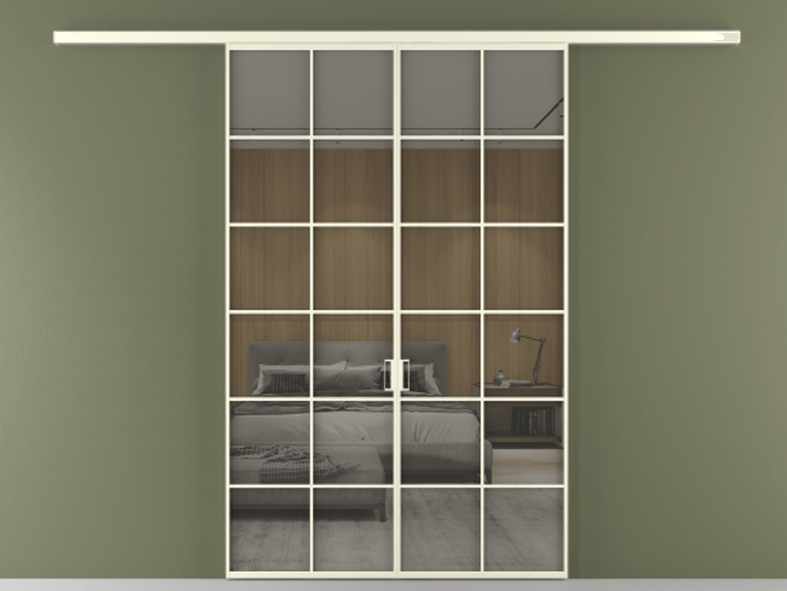 Перегородка Formato вдоль стены 2 створки АЛПР 040.05 Алюминий молочно-белый Рефлективное серое стекло "Stopsol", калёное Цена 1651100 ₸ | Volhovec