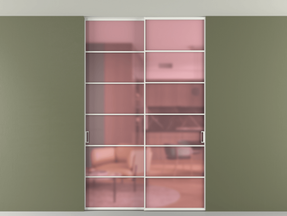 Перегородка Formato внутри проёма скрытое крепление в потолок 2 створки АЛПР 040.04 Алюминий светло-серый Сатинированное розовое стекло, триплекс Цена 1913700 ₸ | Volhovec