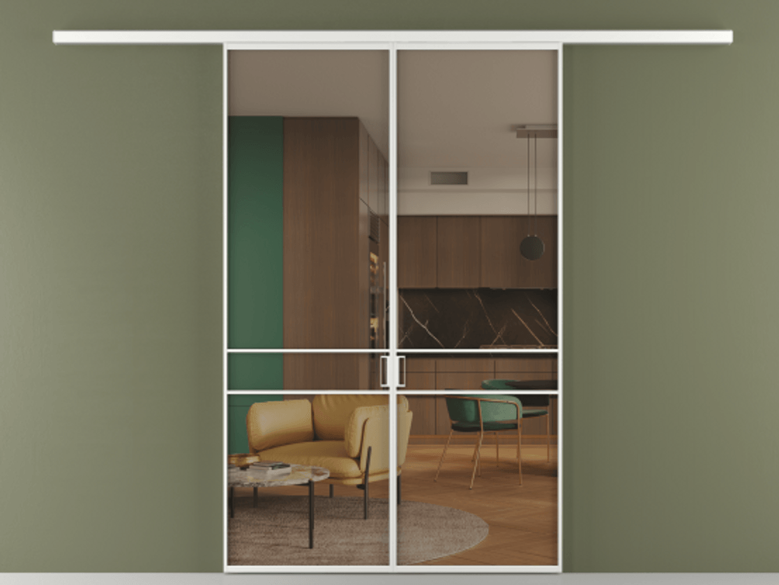 Перегородка Formato вдоль стены 2 створки АЛПР 040.02 Алюминий белоснежный Прозрачное бронзовое стекло, триплекс Цена 1266470 ₸ | Volhovec