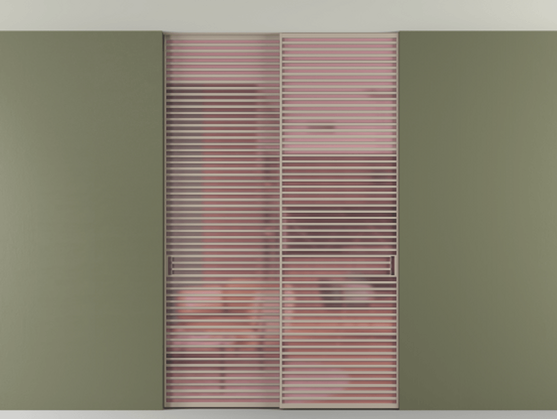 Перегородка Formato внутри проёма скрытое крепление в потолок 2 створки АЛПР 040.07 Алюминий бисквитный Сатинированное розовое стекло, триплекс Цена 2676700 ₸ | Volhovec