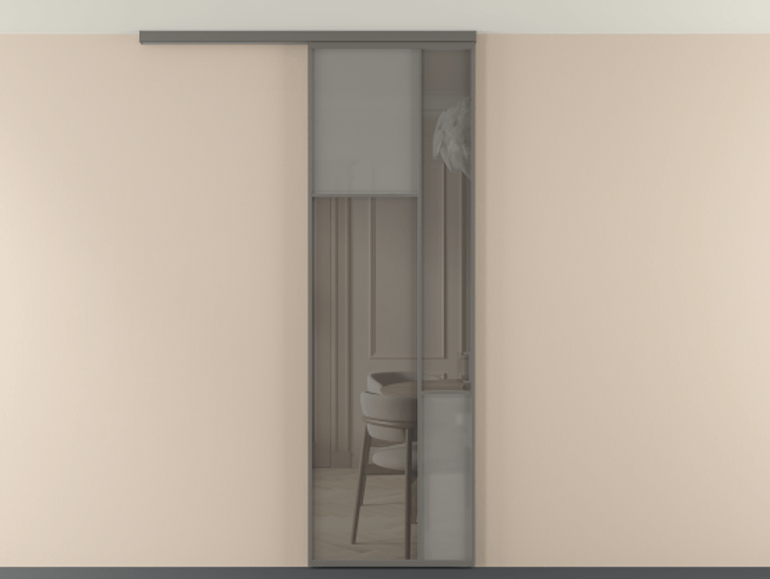 Перегородка Мозаик вдоль стены на потолок 1 створка АЛПР 041.10 Алюминий классический серый Сатинированное серое стекло, триплекс, 6 мм + Прозрачное серое стекло, триплекс Цена 1020902 ₸ | Volhovec