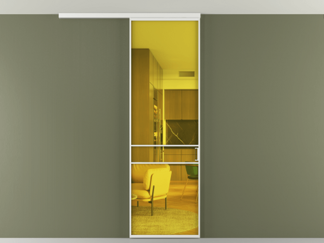 Перегородка Формато вдоль стены на потолок 1 створка АЛПР 040.02 Алюминий белоснежный Прозрачное жёлтое стекло, триплекс Цена 732243 ₸ | Volhovec