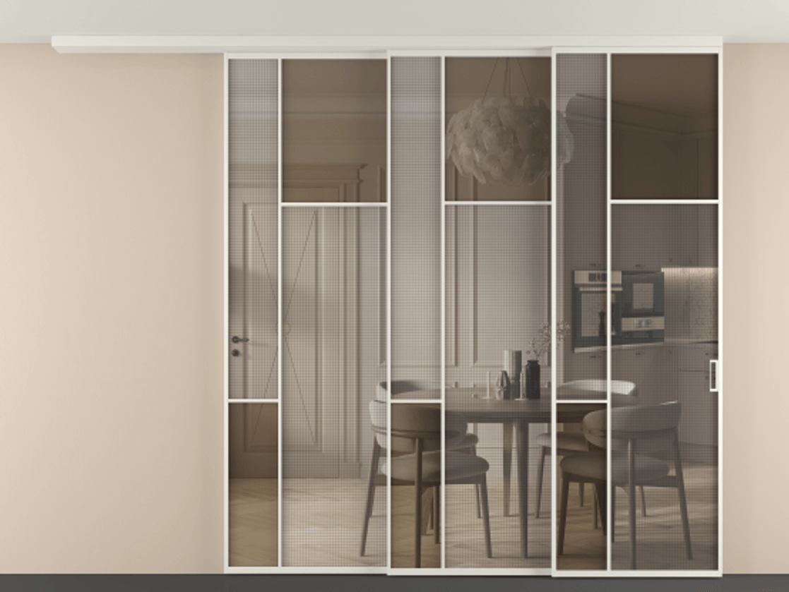Перегородка Mosaic вдоль стены телескопик синхро-3 АЛПР 041.11 Алюминий Белый Mesh silver + Бронза прозрачное триплекс Цена 2699670 ₸ | Volhovec