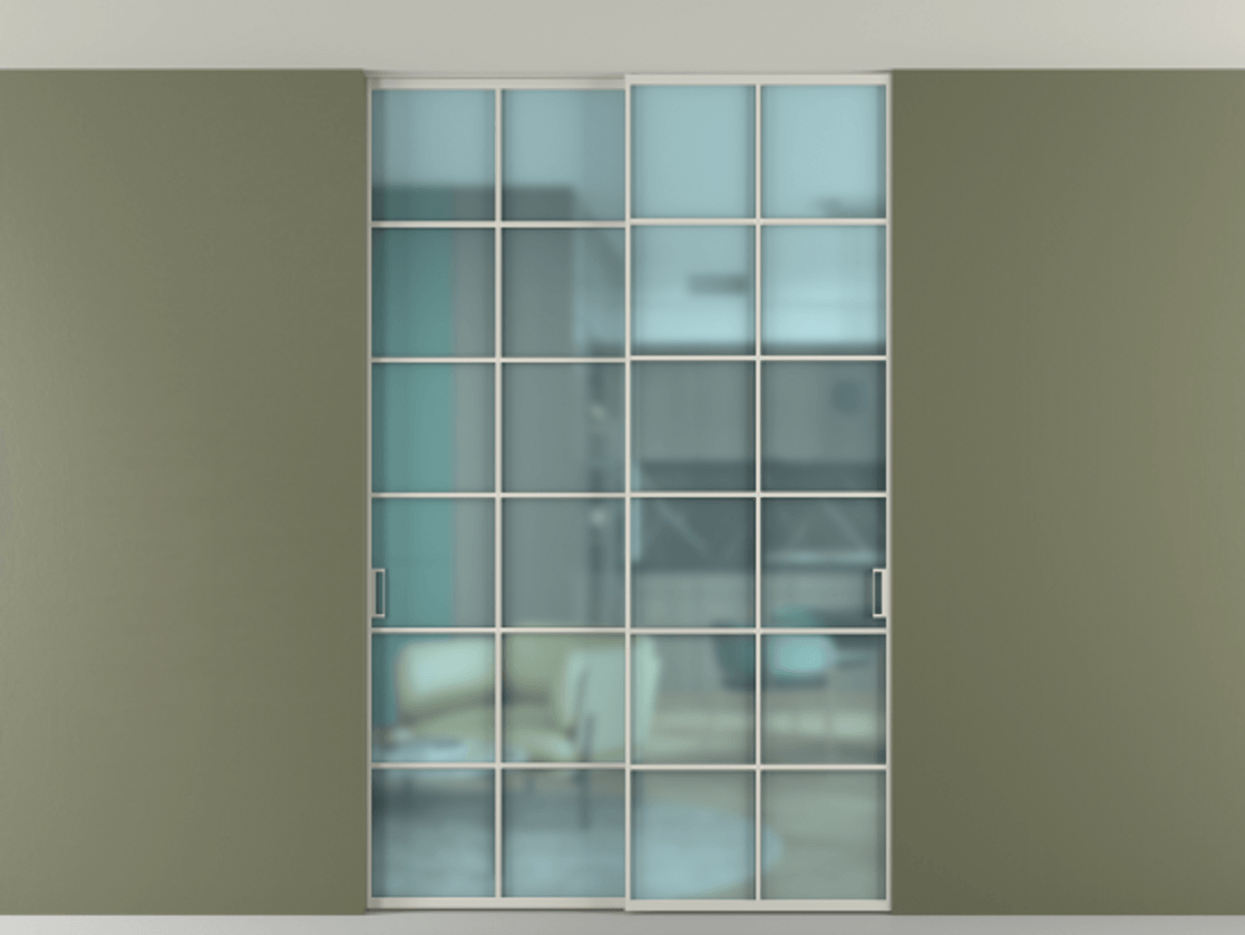 Перегородка Formato внутри проёма скрытое крепление в потолок 2 створки АЛПР 040.05 Алюминий тёплый серый Сатинированное голубое стекло, триплекс Цена 1686100 ₸ | Volhovec