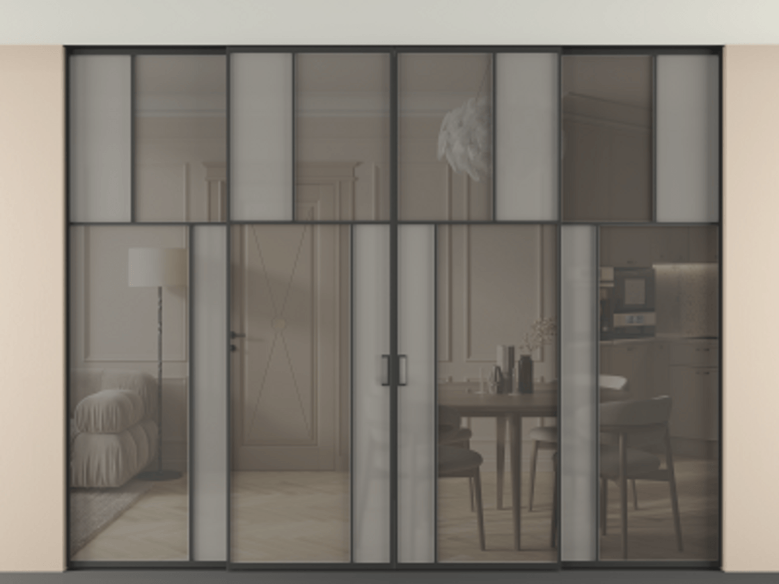 Перегородка Mosaic внутри проёма скрытое крепление в потолок 4 створки АЛПР 041.22 Алюминий Черный Сатинированное серое стекло, триплекс, 6 мм + Прозрачное серое стекло, триплекс Цена 4340498 ₸ | Volhovec