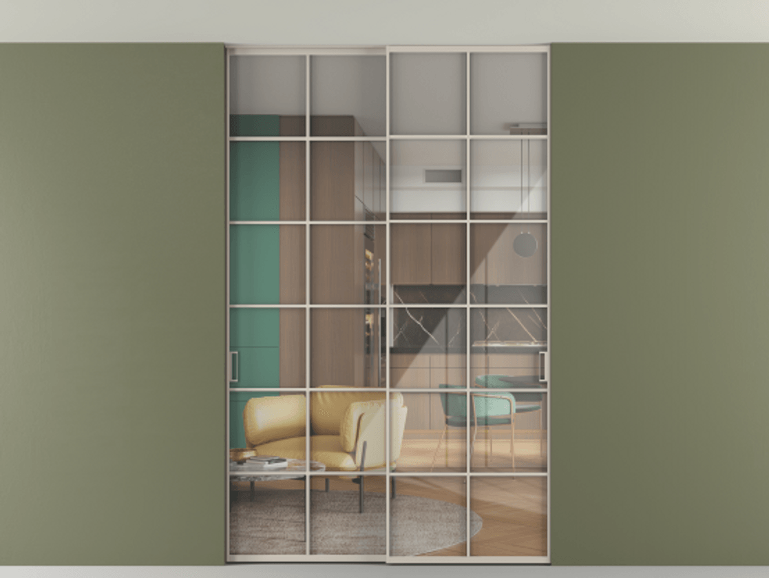 Перегородка Formato внутри проёма скрытое крепление в потолок 2 створки АЛПР 040.05 Алюминий светло-бежевый Рефлективное прозрачное стекло "Stopsol", калёное Цена 2013520 ₸ | Volhovec