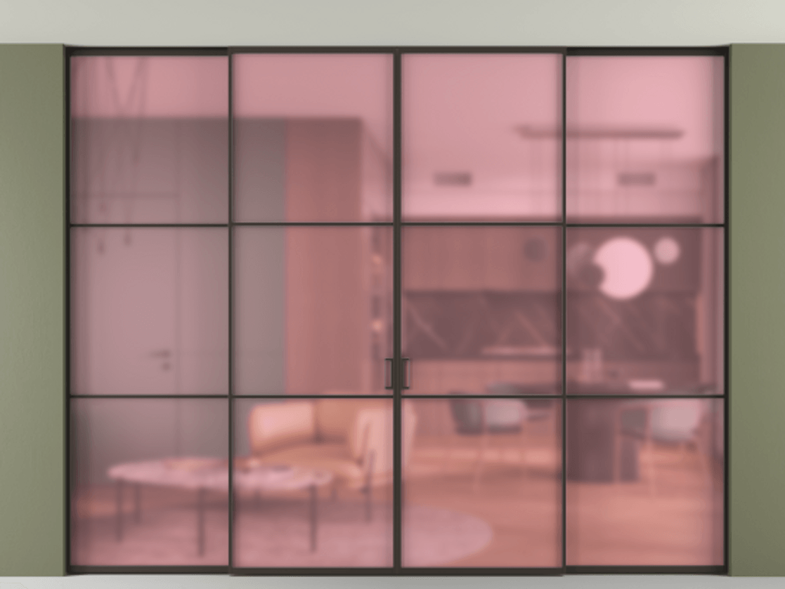 Перегородка Формато внутри проёма скрытое крепление в потолок 4 створки АЛПР 040.03 Алюминий антрацит Сатинированное розовое стекло, триплекс Цена 3455313 ₸ | Volhovec