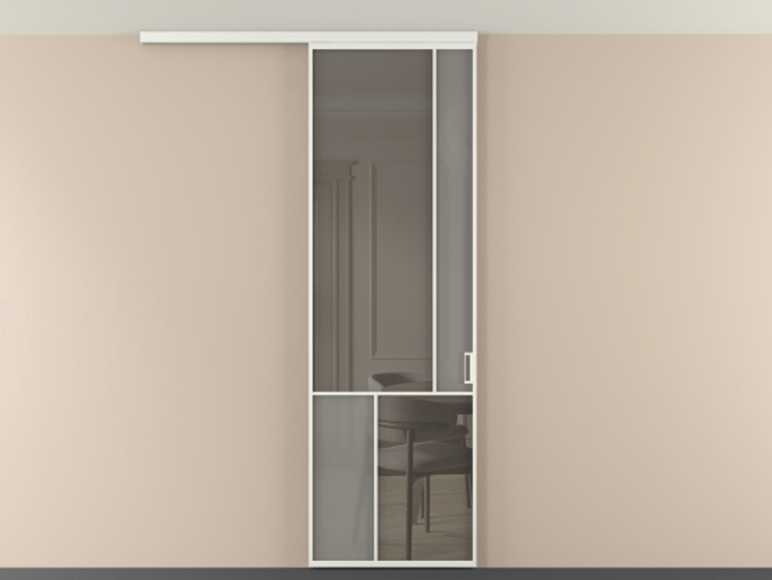 Перегородка Мозаик вдоль стены на потолок 1 створка АЛПР 041.21 Алюминий светло-серый Сатинированное серое стекло, триплекс, 6 мм + Прозрачное серое стекло, триплекс Цена 1020902 ₸ | Volhovec