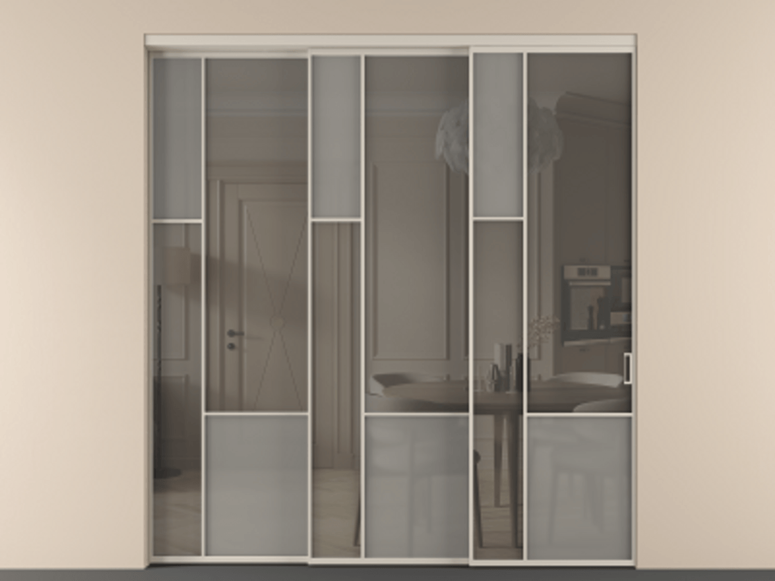 Перегородка Mosaic внутри проёма 3 створки с синхронным механизмом АЛПР 041.13 Алюминий светло-бежевый Сатинированное серое стекло, триплекс, 6 мм + Прозрачное серое стекло, триплекс Цена 2729310 ₸ | Volhovec