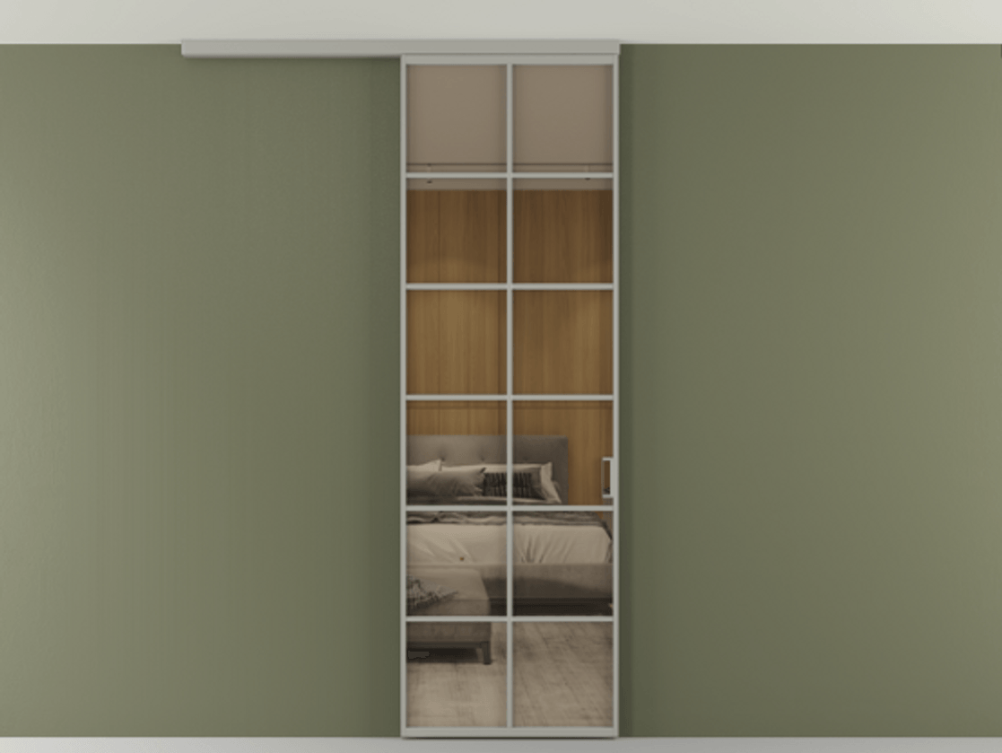 Перегородка Формато вдоль стены на потолок 1 створка АЛПР 040.05 Алюминий нейтральный серый Рефлективное бронзовое стекло "Стопсол", калёное Цена 1013720 ₸ | Volhovec