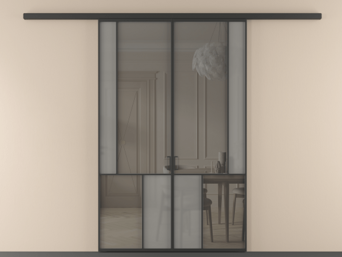 Перегородка Mosaic вдоль стены 2 створки АЛПР 041.21 Алюминий Черный Сатинированное серое стекло, триплекс, 6 мм + Прозрачное серое стекло, триплекс Цена 1585460 ₸ | Volhovec