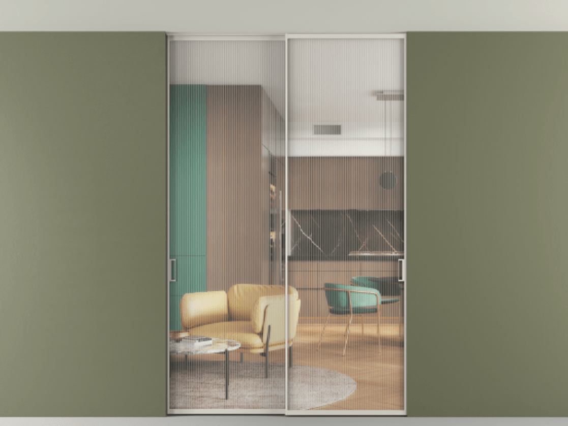 Перегородка Formato внутри проёма скрытое крепление в потолок 2 створки АЛПР 040.01 Алюминий облачно-серый Рифлёное стекло "Moru", триплекс Цена 1620980 ₸ | Volhovec