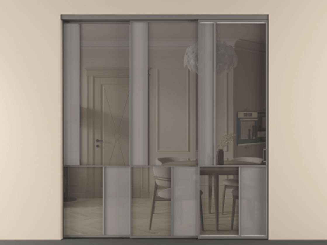 Перегородка Mosaic внутри проёма 3 створки с синхронным механизмом АЛПР 041.20  Алюминий классический серый Сатинированное серое стекло, триплекс, 6 мм + Прозрачное серое стекло, триплекс Цена 2729310 ₸ | Volhovec