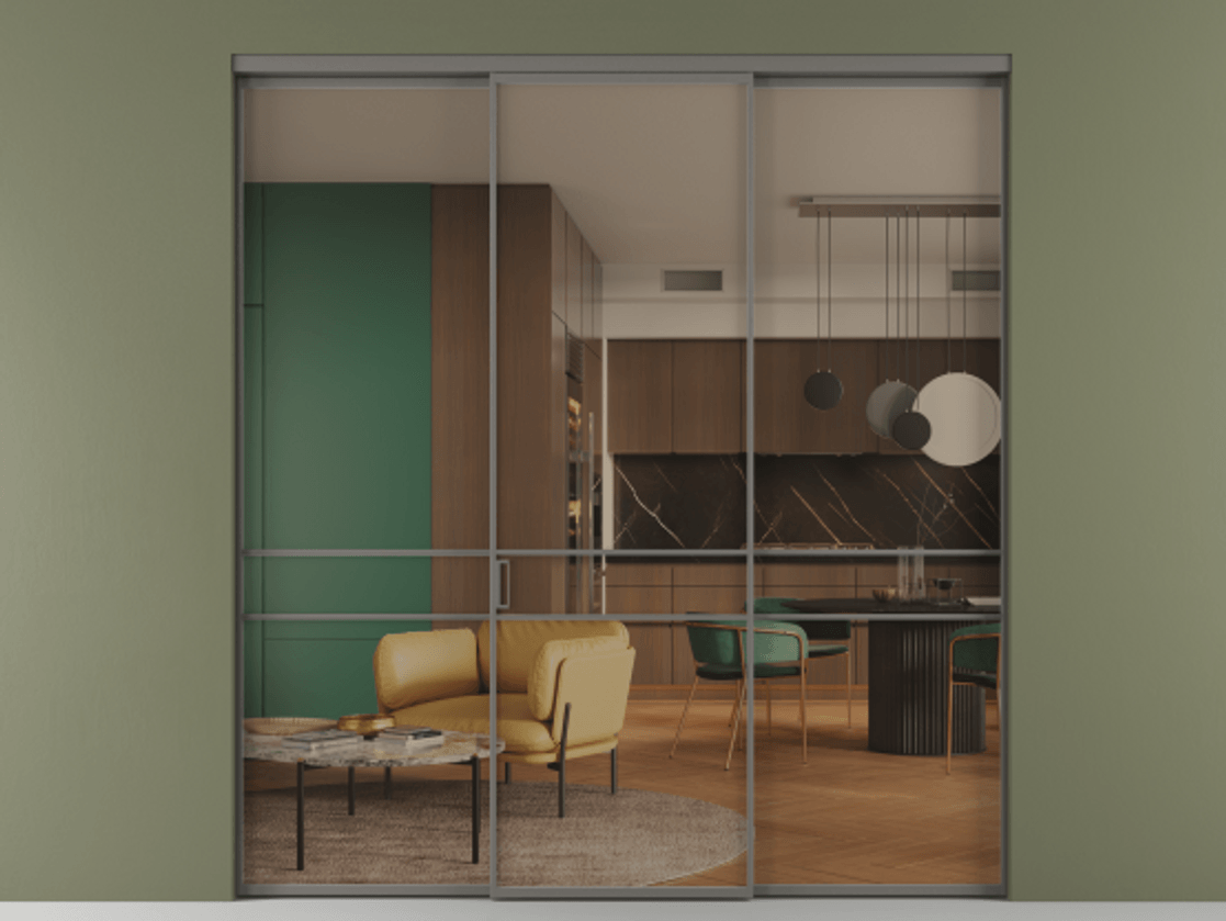 Перегородка Формато внутри проёма 3 створки АЛПР 040.02 Алюминий классический серый Прозрачное бронзовое стекло, триплекс Цена 2219616 ₸ | Volhovec