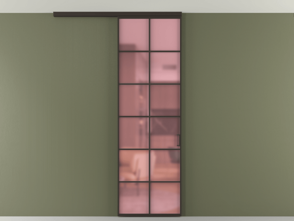 Перегородка Формато вдоль стены на потолок 1 створка АЛПР 040.05 Алюминий антрацит Сатинированное розовое стекло, триплекс Цена 780891 ₸ | Volhovec