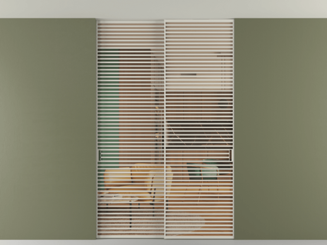 Перегородка Formato внутри проёма скрытое крепление в потолок 2 створки АЛПР 040.07 Алюминий тёплый серый Прозрачное оранжевое стекло, триплекс Цена 2676700 ₸ | Volhovec