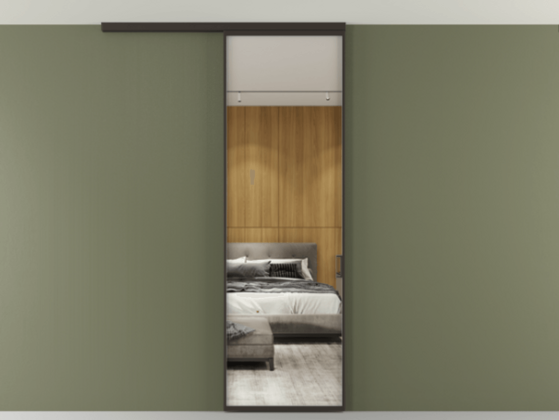 Перегородка Formato вдоль стены на потолок 1 створка АЛПР 040.01 Алюминий антрацит Двустороннее зеркало, триплекс , триплекс 6 мм Цена 577416 ₸ | Volhovec