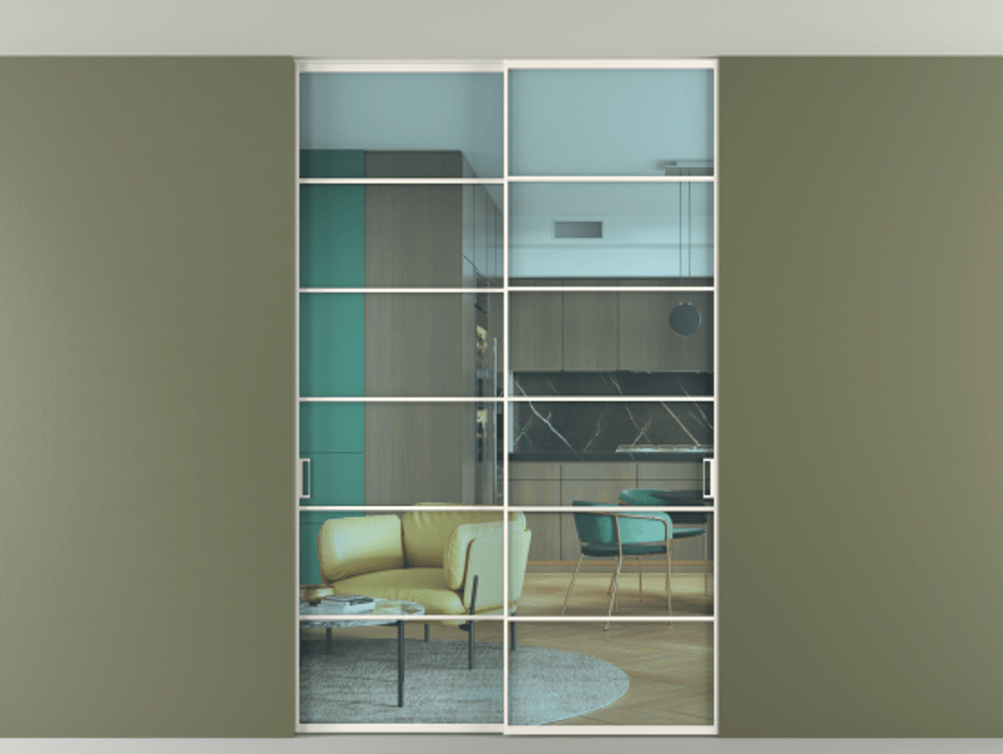 Перегородка Formato внутри проёма скрытое крепление в потолок 2 створки АЛПР 040.04 Алюминий пудровый белый Прозрачное голубое стекло, триплекс Цена 1686100 ₸ | Volhovec