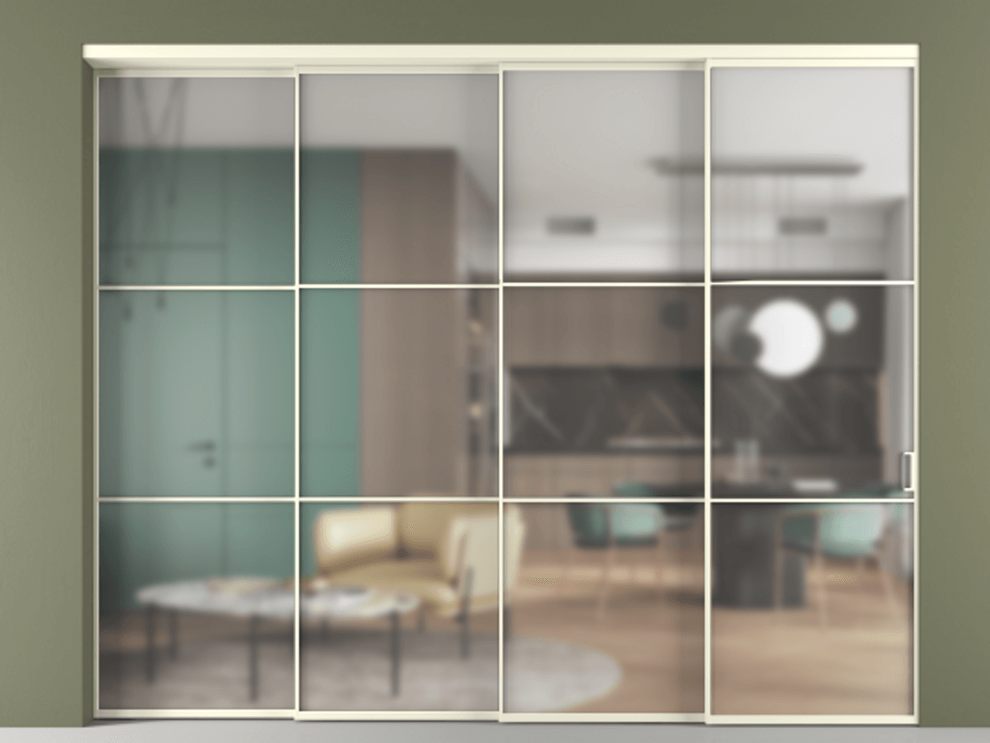 Перегородка Формато внутри проёма 4 створки с синхронным механизмом АЛПР 040.03 Алюминий молочно-белый Сатинированное стекло "Мателюкс Кристал Вижн", калёное, матовое, каленое 6 мм Цена 4201848 ₸ | Volhovec