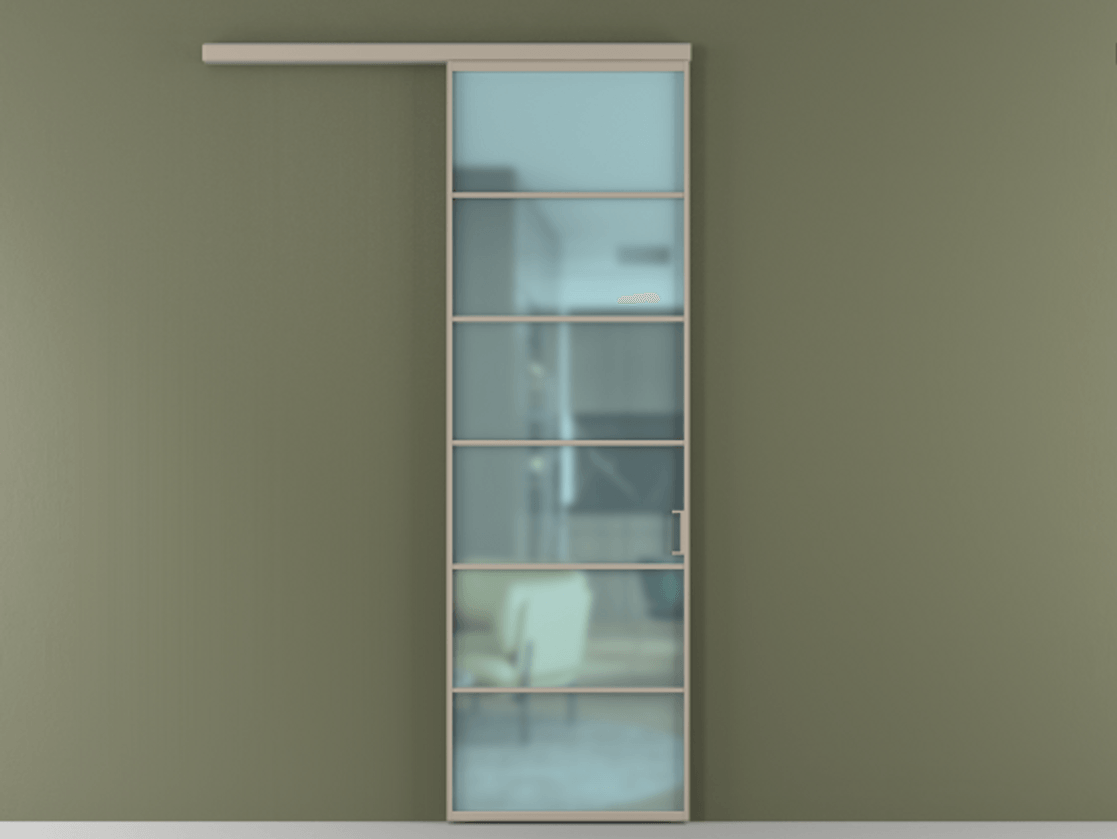 Перегородка Формато вдоль стены 1 створка АЛПР 040.04 Алюминий бисквитный Сатинированное голубое стекло, триплекс Цена 849139 ₸  | Volhovec