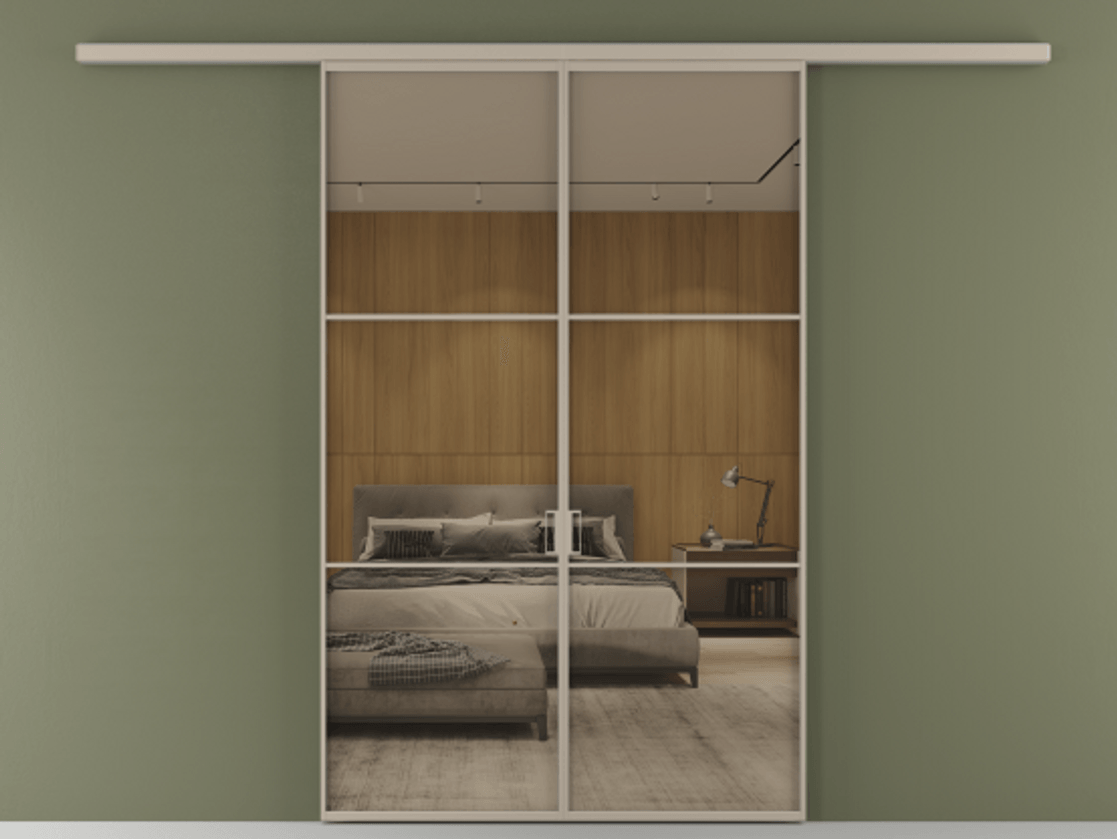 Перегородка Formato вдоль стены 2 створки АЛПР 040.03 Алюминий бисквитный Рефлективное бронзовое стекло "Stopsol", калёное Цена 1553760 ₸ | Volhovec