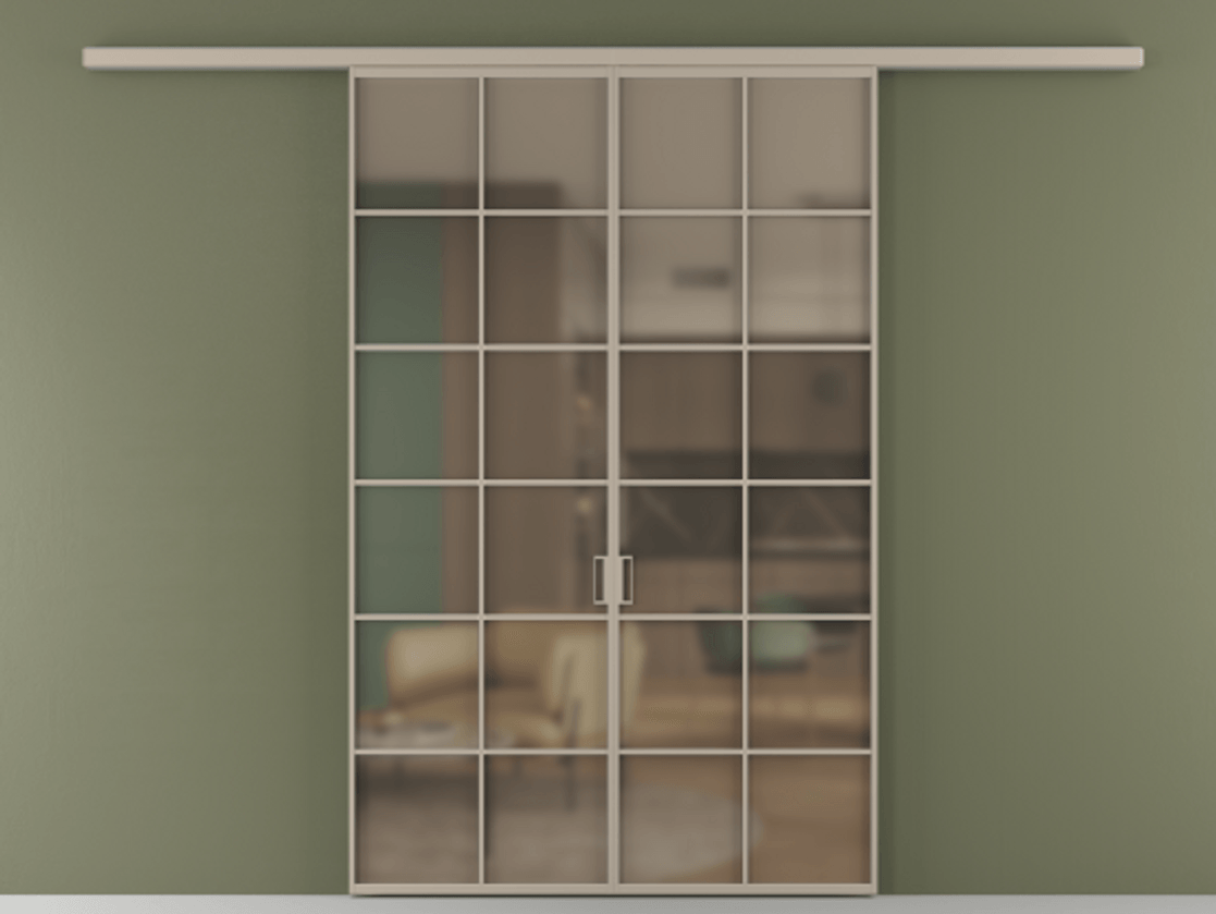 Перегородка Formato вдоль стены 2 створки АЛПР 040.05 Алюминий бисквитный Сатинированное бронзовое стекло, триплекс Цена 1344350 ₸ | Volhovec