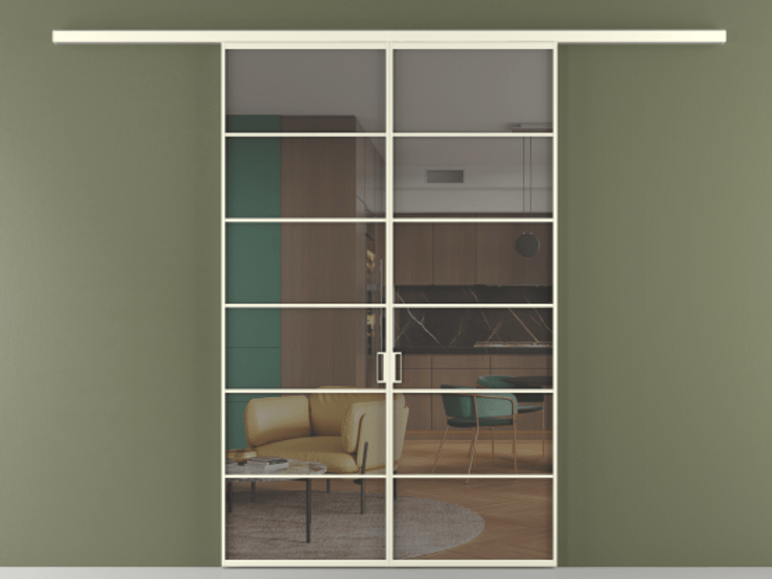 Перегородка Formato вдоль стены двустворчатая АЛПР 040.04 Алюминий молочно-белый Прозрачное серое стекло, триплекс Цена 1344350 ₸ | Volhovec