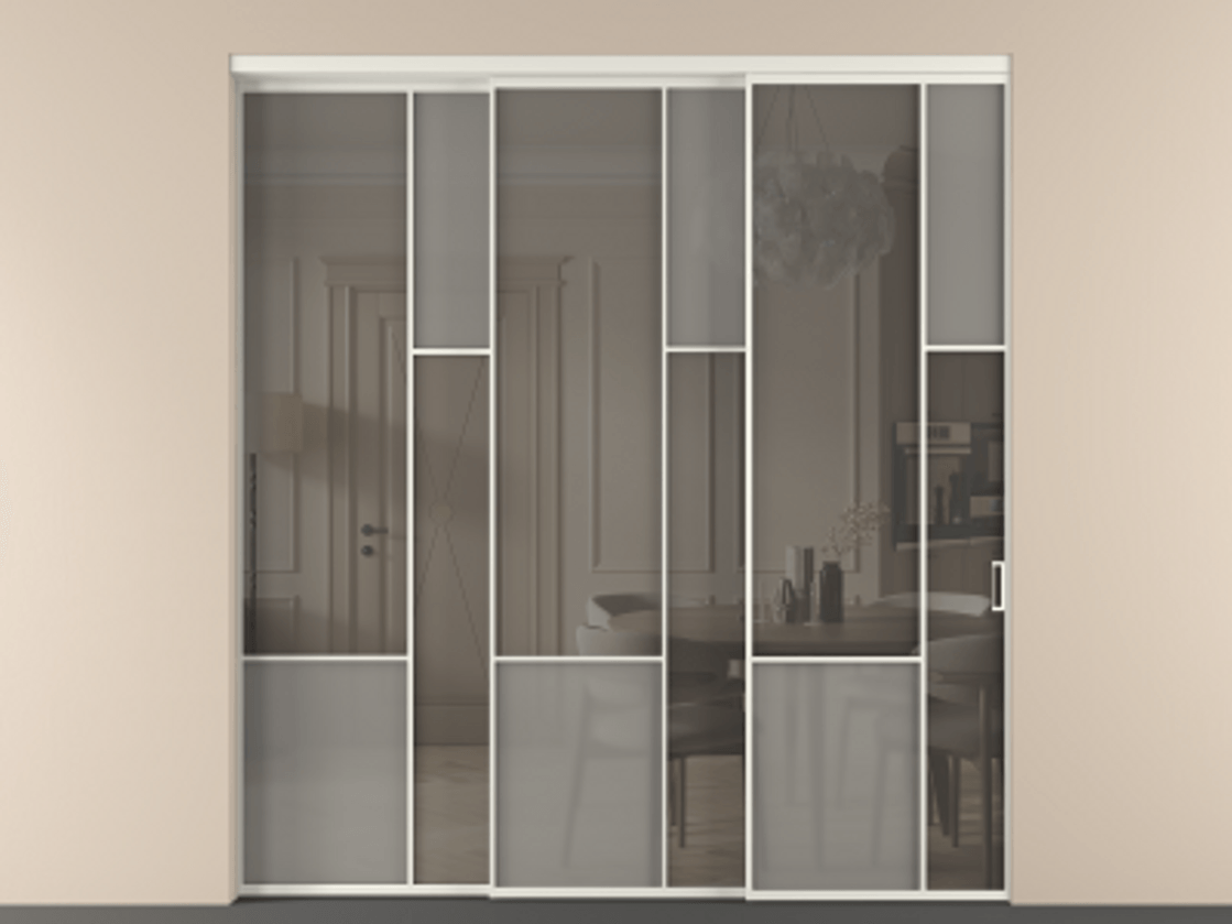 Перегородка Mosaic внутри проёма 3 створки с синхронным механизмом АЛПР 041.12 Алюминий жемчужный Сатинированное серое стекло, триплекс, 6 мм + Прозрачное серое стекло, триплекс Цена 2729310 ₸ | Volhovec