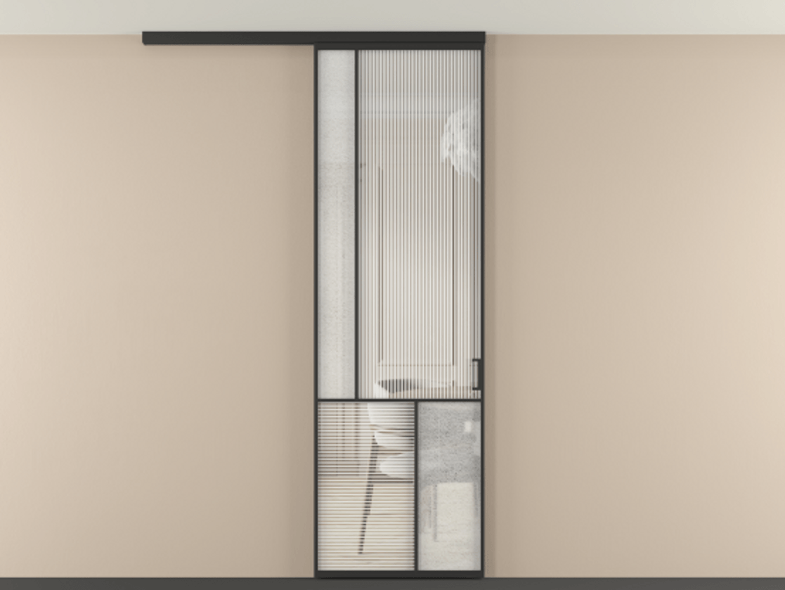 Перегородка Mosaic вдоль стены на потолок 1 створка АЛПР 041.20 Алюминий Черный Рифлёное стекло "Дюна", триплекс, 6 мм + Фактурное стекло "Лёд", триплекс Цена 858370 ₸ | Volhovec