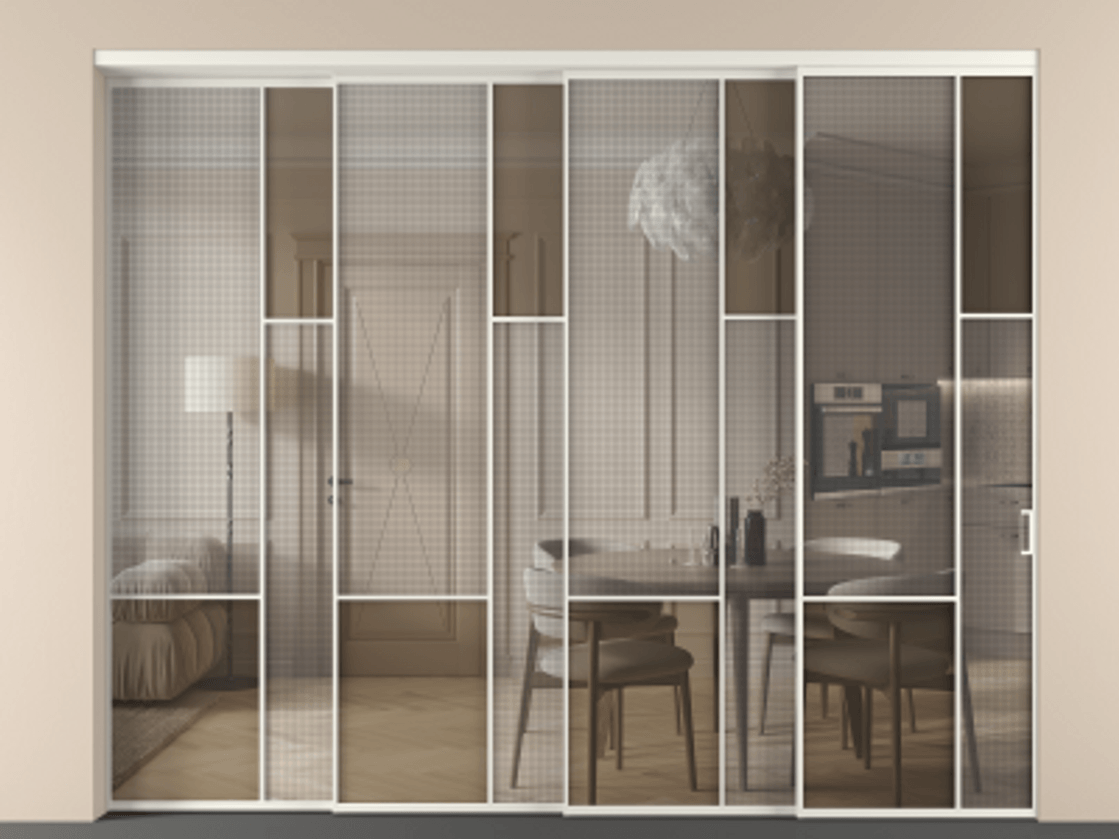 Перегородка Mosaic внутри проема телескопик синхро-4 АЛПР 041.12 Алюминий Белый Mesh silver + Бронза прозрачное триплекс Цена 3385320 ₸ | Volhovec
