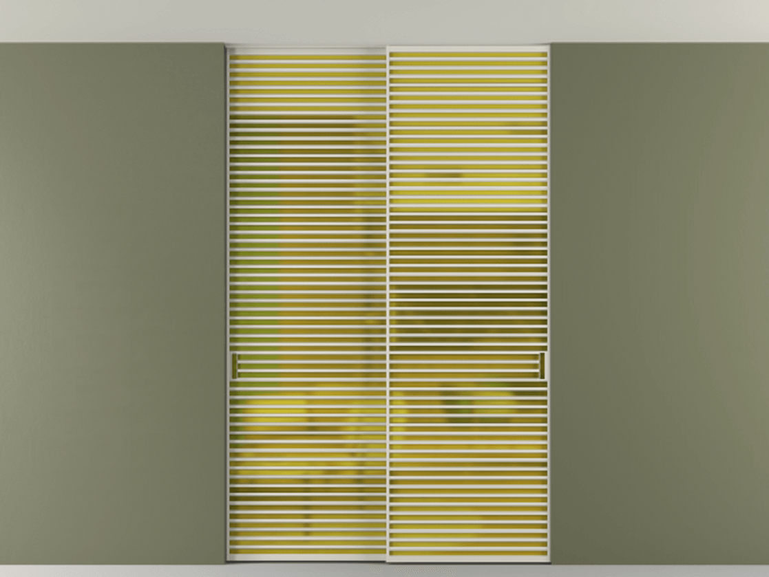 Перегородка Formato внутри проёма скрытое крепление в потолок 2 створки АЛПР 040.07 Алюминий облачно-серый Сатинированное жёлтое стекло, триплекс Цена 2676700 ₸ | Volhovec