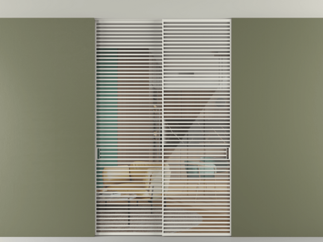 Перегородка Formato внутри проёма скрытое крепление в потолок 2 створки АЛПР 040.07 Алюминий серый Рефлективное прозрачное стекло "Stopsol", калёное Цена 3251790 ₸ | Volhovec