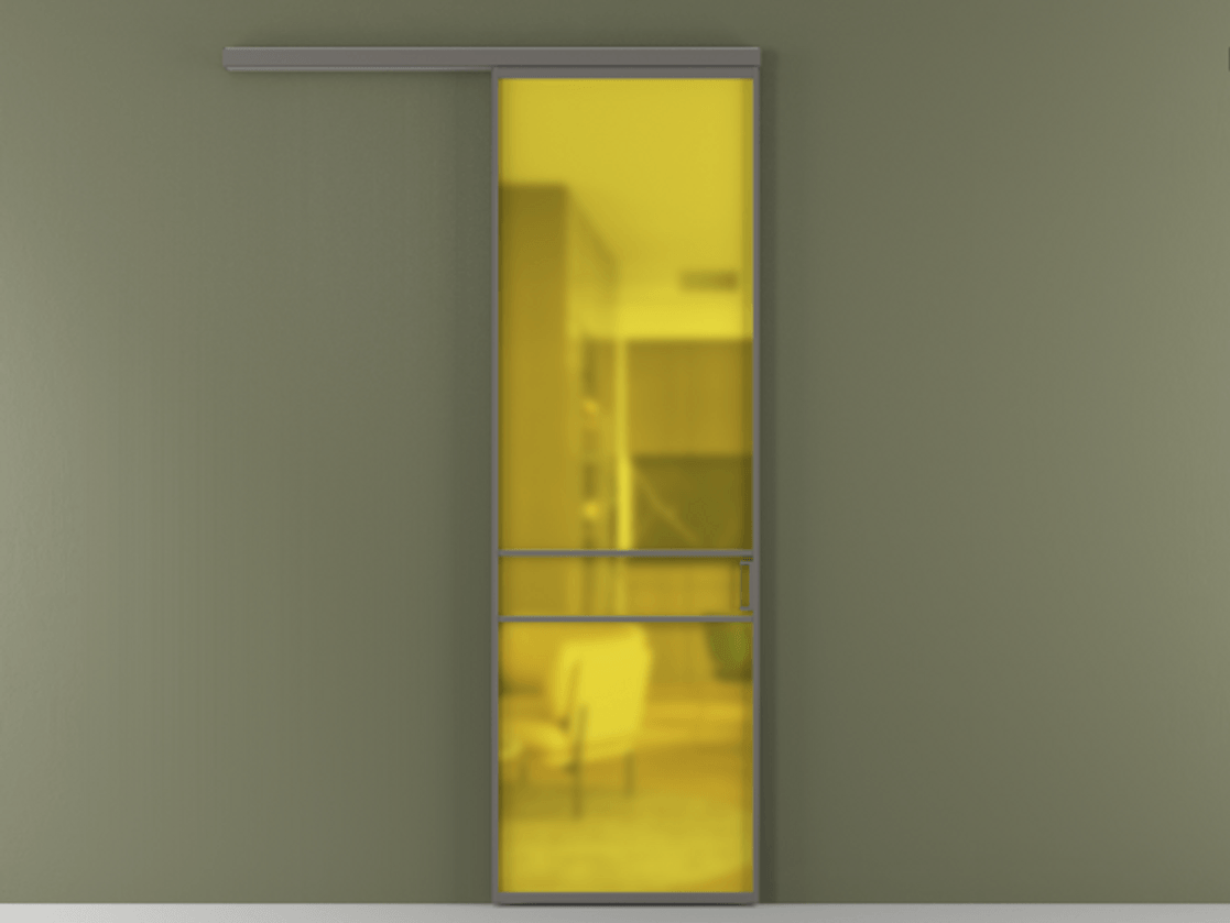 Перегородка Формато вдоль стены 1 створка АЛПР 040.02 Алюминий классический серый Сатинированное жёлтое стекло, триплекс Цена 801965 ₸  | Volhovec