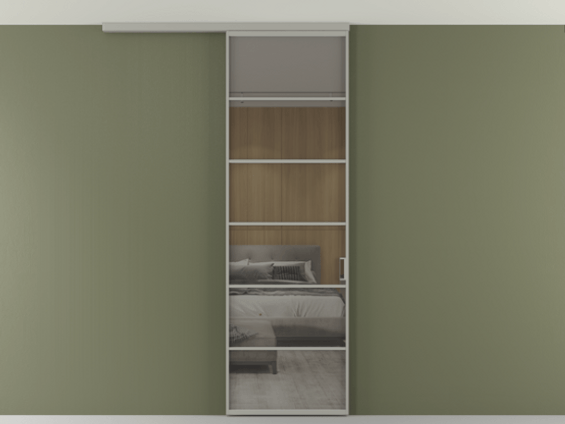 Перегородка Формато вдоль стены на потолок 1 створка АЛПР 040.04 Алюминий нейтральный серый Рефлективное серое стекло "Стопсол", калёное Цена 1013720 ₸ | Volhovec