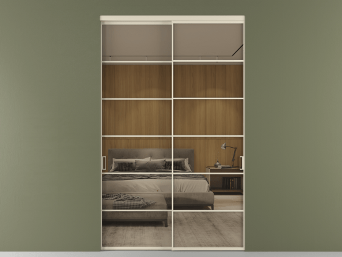 Межкомнатная дверь New Перегородка Formato внутри проёма двустворчатая АЛПР 040.04 Алюминий бежево-серый Рефлективное бронзовое стекло "Stopsol", калёное Цена 3081940  | Volhovec