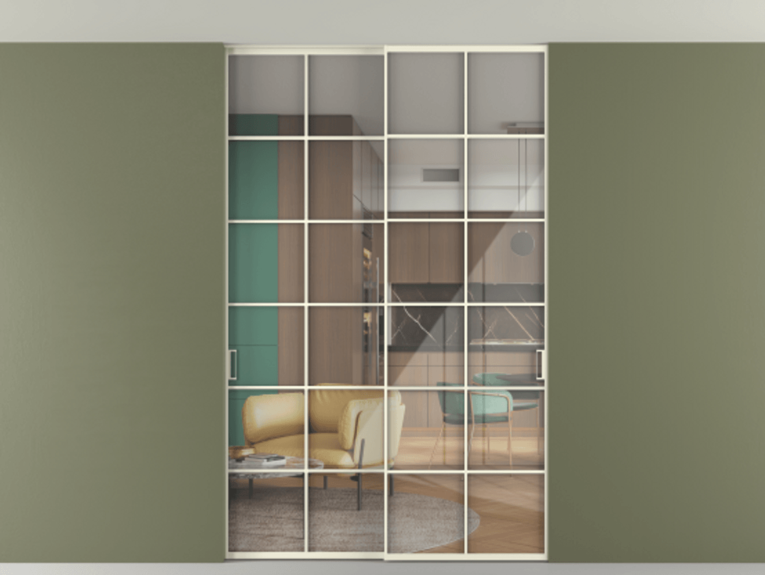 Перегородка Formato внутри проёма скрытое крепление в потолок 2 створки АЛПР 040.05 Алюминий молочно-белый Рефлективное прозрачное стекло "Stopsol", калёное Цена 2013520 ₸ | Volhovec