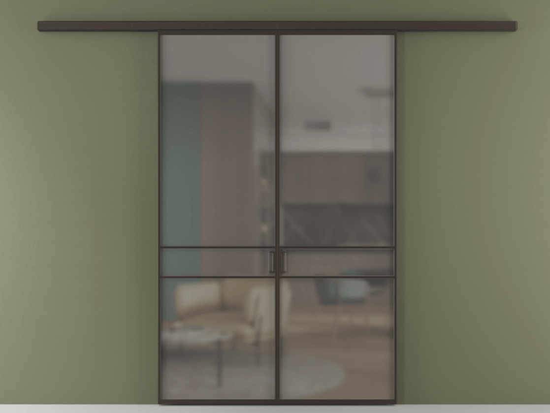 Перегородка Formato вдоль стены 2 створки АЛПР 040.02 Алюминий антрацит Сатинированное серое стекло, триплекс Цена 1266470 ₸ | Volhovec