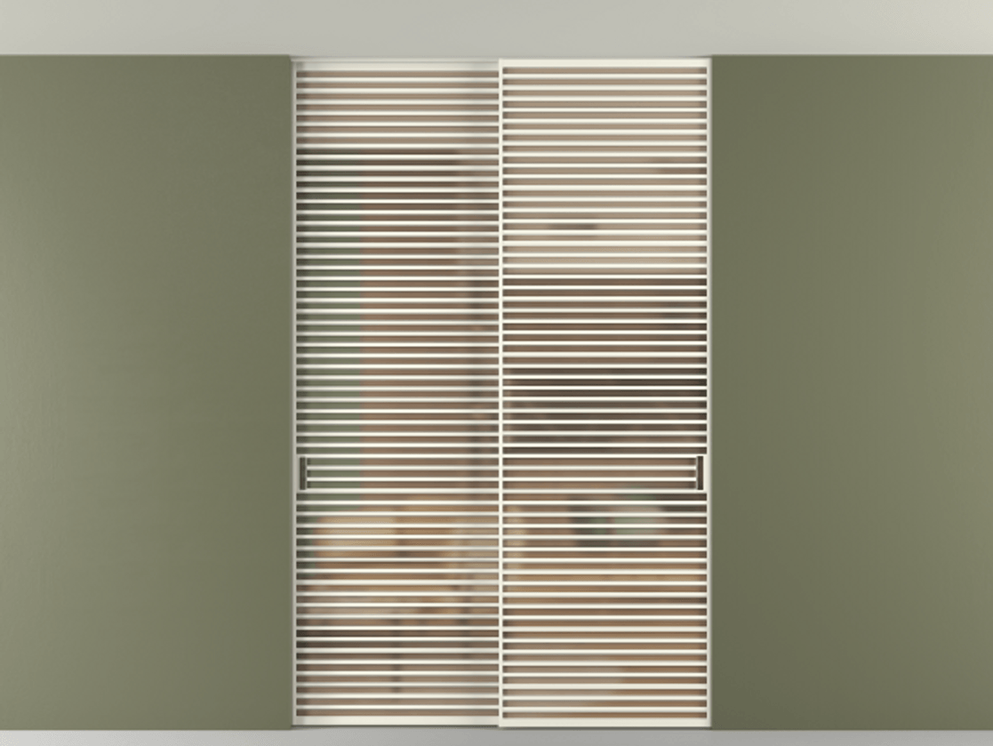 Перегородка Formato внутри проёма скрытое крепление в потолок 2 створки АЛПР 040.07 Алюминий жемчужный Сатинированное оранжевое стекло, триплекс Цена 2676700 ₸ | Volhovec