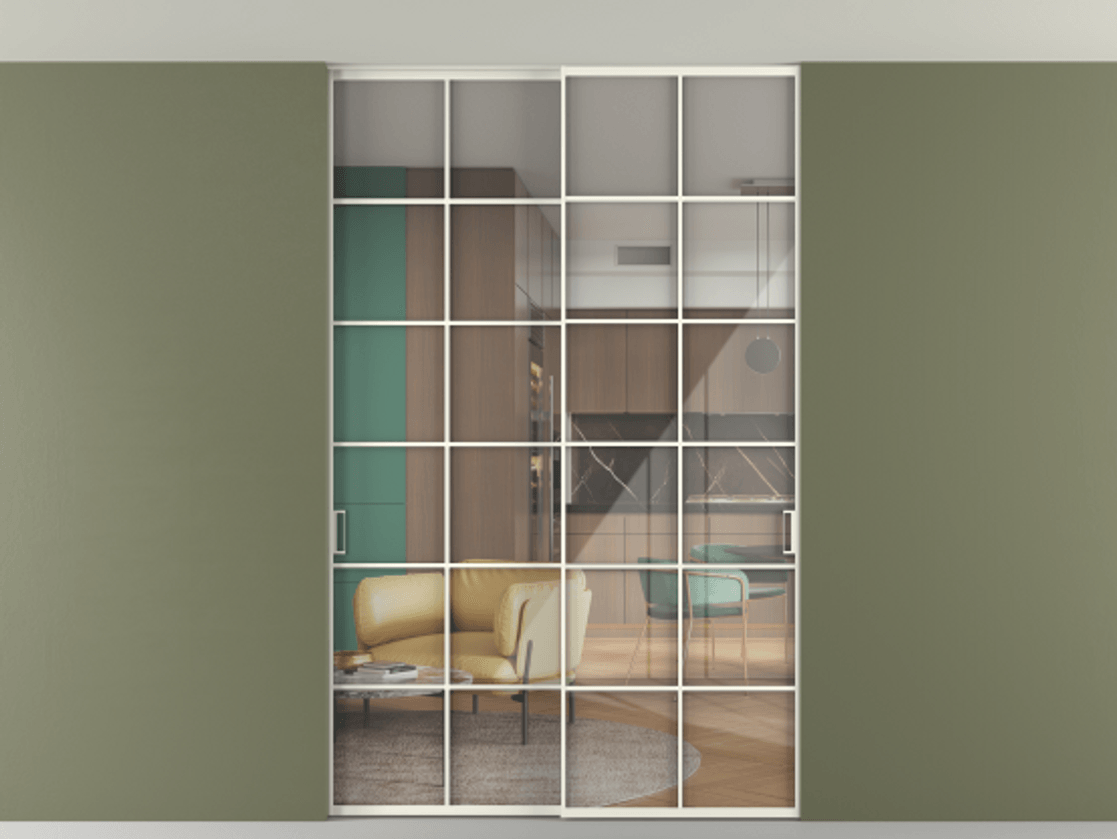 Перегородка Formato внутри проёма скрытое крепление в потолок 2 створки АЛПР 040.05 Алюминий жемчужный Рефлективное прозрачное стекло "Stopsol", калёное Цена 2013520 ₸ | Volhovec