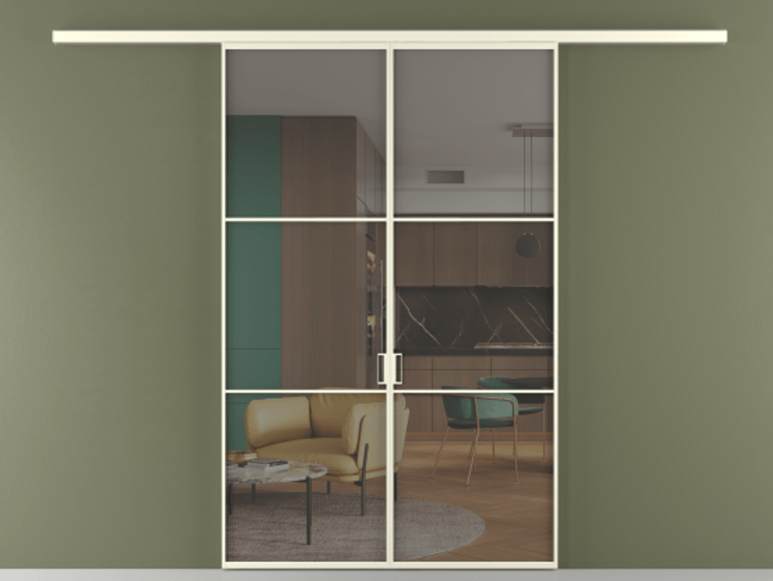 Перегородка Formato вдоль стены двустворчатая АЛПР 040.03 Алюминий молочно-белый Прозрачное серое стекло, триплекс Цена 1266470 ₸ | Volhovec