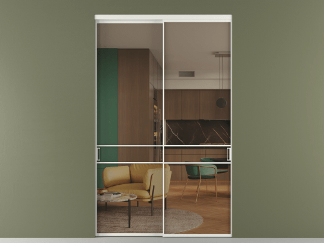 Межкомнатная дверь New Перегородка Formato внутри проёма двустворчатая АЛПР 040.02 Алюминий светло-серый Прозрачное бронзовое стекло, триплекс Цена 2697300  | Volhovec