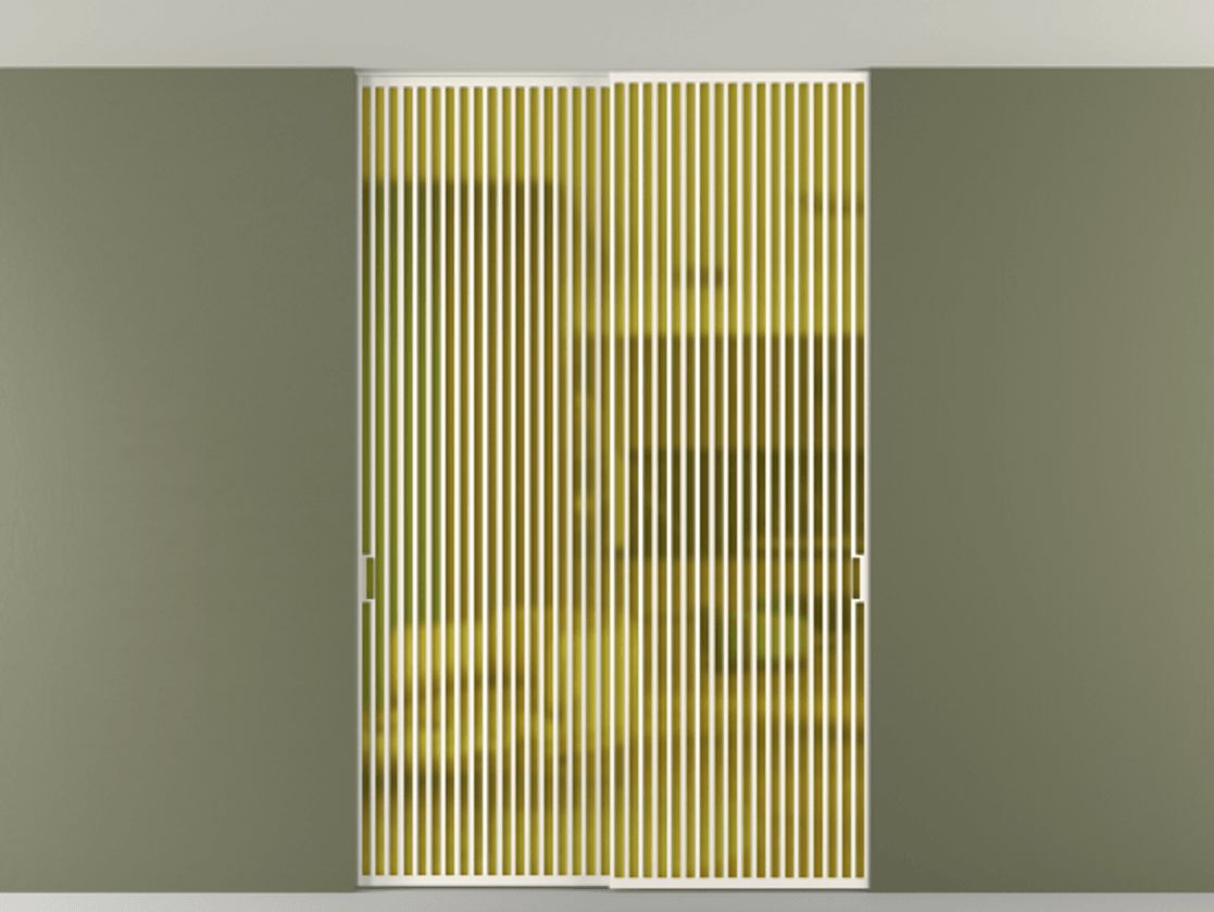 Перегородка Formato внутри проёма скрытое крепление в потолок 2 створки АЛПР 040.06 Алюминий пудровый белый Сатинированное жёлтое стекло, триплекс Цена 2676700 ₸ | Volhovec