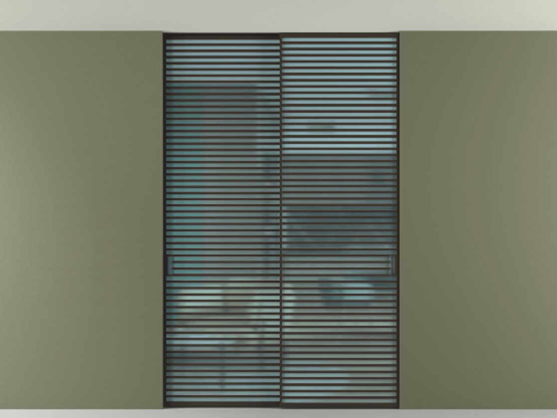 Перегородка Formato внутри проёма скрытое крепление в потолок 2 створки АЛПР 040.07 Алюминий антрацит Сатинированное голубое стекло, триплекс Цена 2676700 ₸ | Volhovec