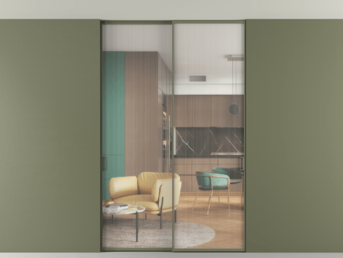 Перегородка Formato внутри проёма скрытое крепление в потолок 2 створки АЛПР 040.01 Алюминий оливковый тёмный Рифлёное стекло "Moru", триплекс. Цена 1620980 ₸ 1. Полотно 2 шт. (800/2100 мм)
2. Комплект установки раздвижной системы
3. Базовый комплект фурнитуры
4. Ручка RONDO. Фабрика дверей Волховец 8 (800) 551 43 19 Перегородка Formato внутри проёма скрытое крепление в потолок 2 створки АЛПР 040.01 Алюминий оливковый тёмный Рифлёное стекло "Moru", триплекс Цена 1620980 ₸ | Volhovec