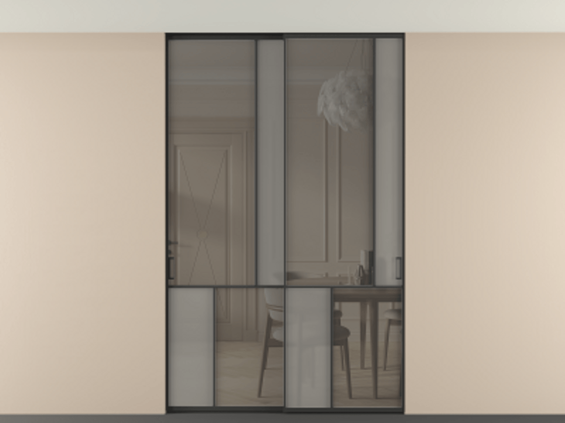 Перегородка Мозаик внутри проёма скрытое крепление в потолок 2 створки АЛПР 041.21 Алюминий Черный Сатинированное серое стекло, триплекс, 6 мм + Прозрачное серое стекло, триплекс Цена 2381551 ₸ | Volhovec