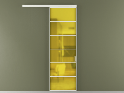 Алюминевая перегородка vd1_04_ Алюминий светло-серый Сатинированное жёлтое стекло, триплекс, 6мм. Цвет Алюминий светло-серый. Материал Алюминий в эмали. Коллекция Перегородка Formato вдоль стены одностворчатая. Картинка.